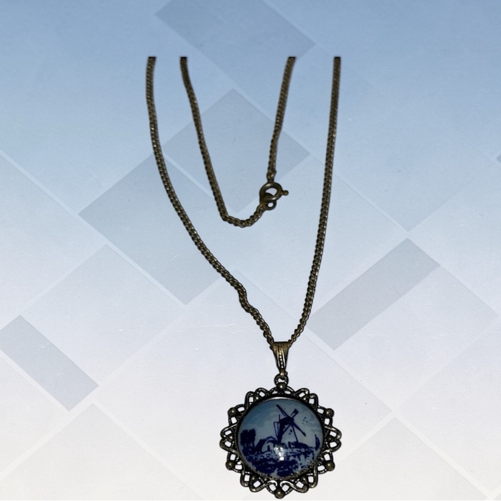 Vintage Blue and Silver Windmill Delph Pendant Necklace